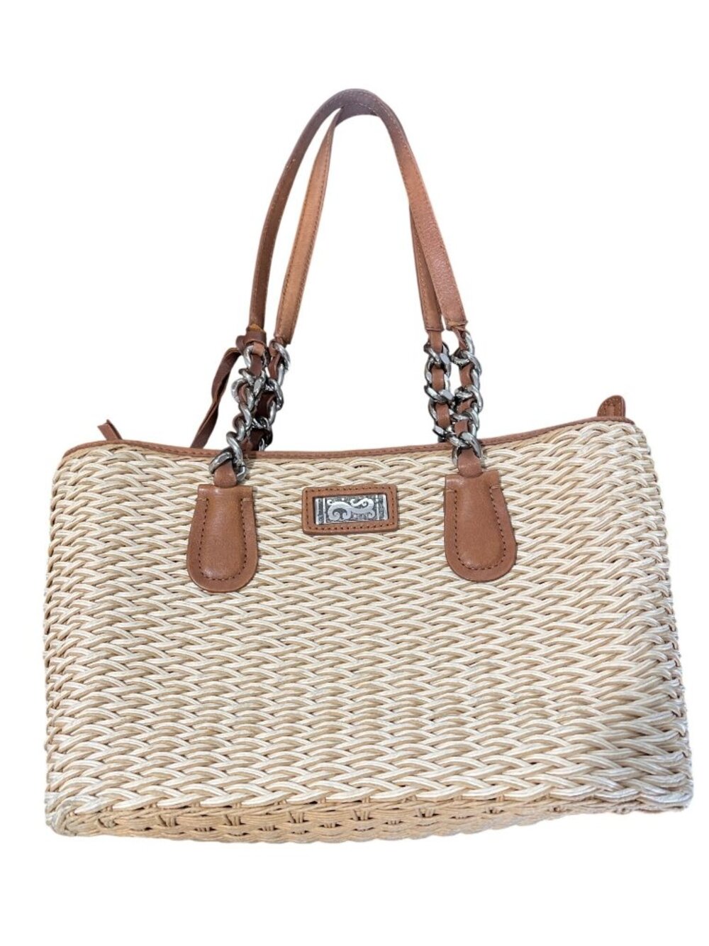 Brighton Straw & Leather Shoulder Bag Tote Woven Chic Tan Brown 12x8 - Picture 1 of 7